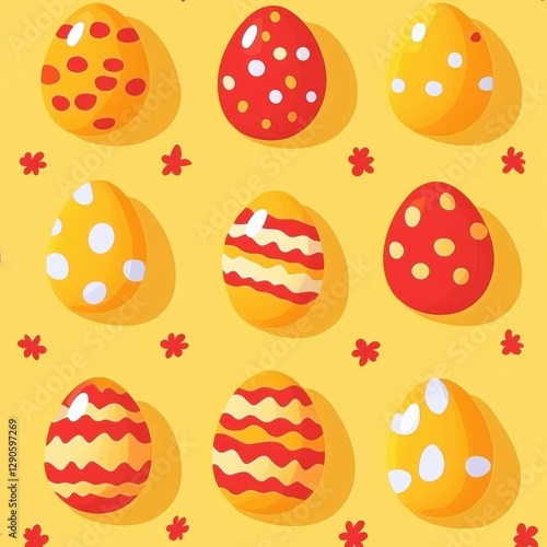 Bright vector Easter egg pattern on yellow background flat design