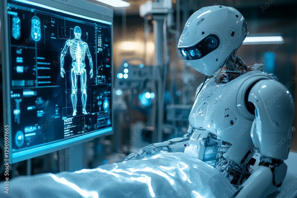 Advanced medical robot examining patient data in a futuristic healthcare setting during a night shift Advanced medical robot examining patient data in a futuristic healthcare setting during a night shift