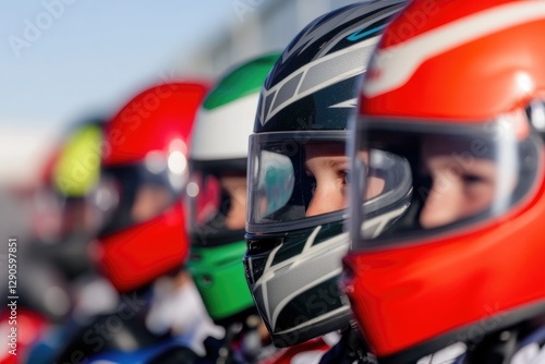 Racers lined up in colorful helmets, ready for competition, show