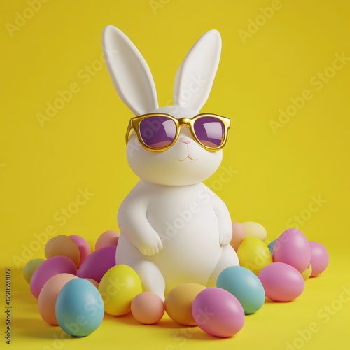 Colorful Easter bunny with sunglasses and eggs on yellow background