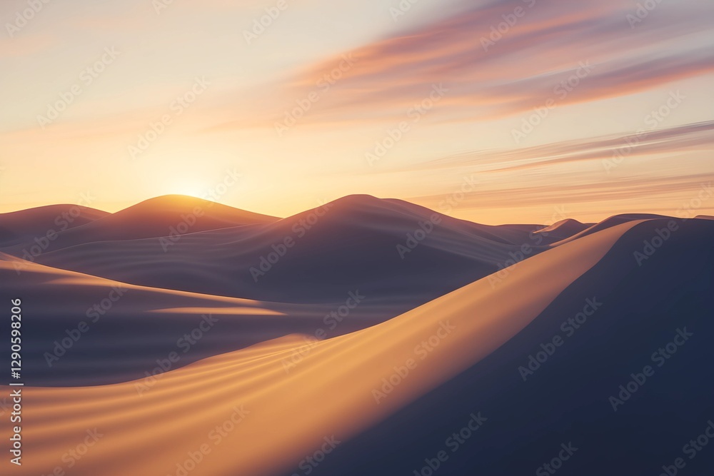 Desert dunes at sunset, golden sand, soft light, pastel sky, wispy clouds, silhouetted mountains, dreamy atmosphere, ethereal landscape, warm tones, tranquil scene, minimalist composition. Desert dunes at sunset, golden sand, soft light, pastel sky, wispy clouds, silhouetted mountains, dreamy atmosphere, ethereal landscape, warm tones, tranquil scene, minimalist composition.