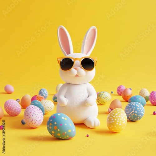 Colorful Easter bunny with sunglasses and eggs on yellow background