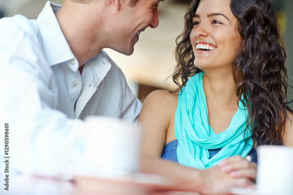 Happy couple, holding hands and laugh at cafe for talk, bonding or love with funny joke in morning. Man, woman and support with conversation, drinks or tea with smile, memory or trust at coffee shop Happy couple, holding hands and laugh at cafe for talk, bonding or love with funny joke in morning. Man, woman and support with conversation, drinks or tea with smile, memory or trust at coffee shop