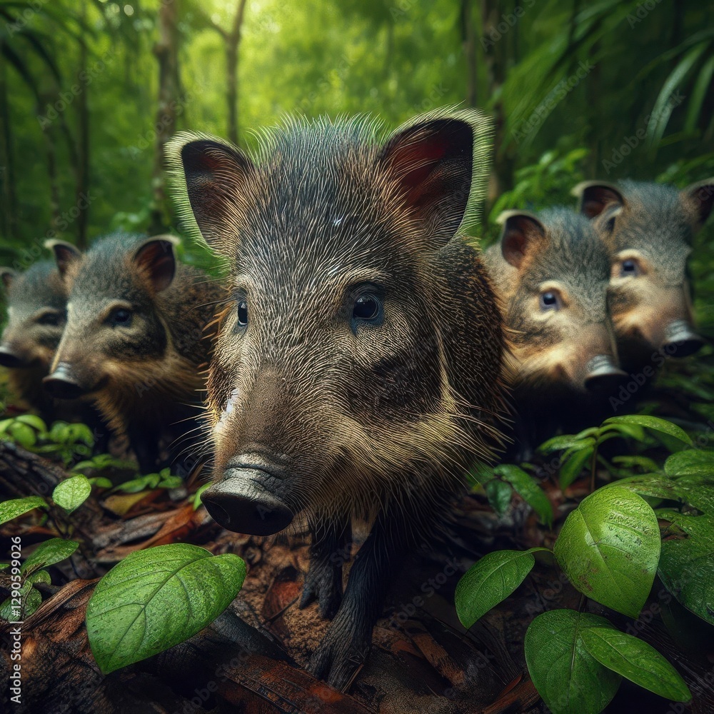 In a vibrant rainforest, a group of curious peccaries navigates through thick foliage, their small snouts sniffing for food In a vibrant rainforest, a group of curious peccaries navigates through thick foliage, their small snouts sniffing for food