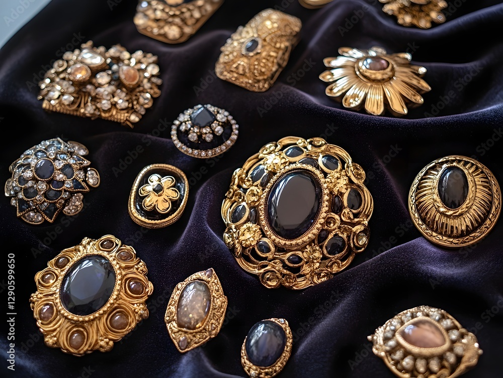Exquisite Jewelry Pieces Displayed in Luxurious Velvet Setting Exquisite Jewelry Pieces Displayed in Luxurious Velvet Setting