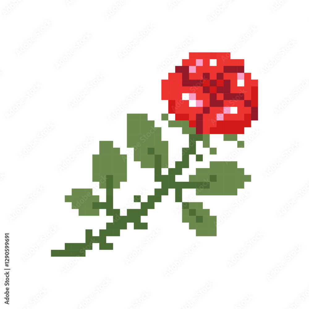 Fototapeta premium Bright red rose with leaves in pixel style. Vector flat Illustration for romantic floral designs.