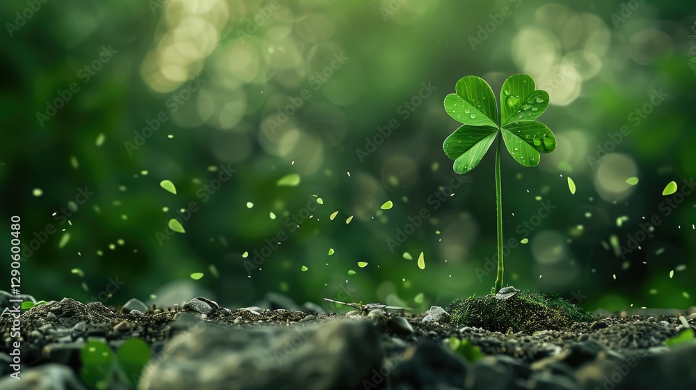 Four-Leaf Clover Sprouting in a Lush Forest Four-Leaf Clover Sprouting in a Lush Forest