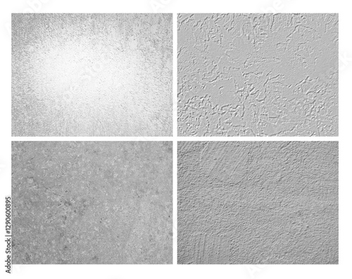 Concrete or marbled grunge texture vector set, monochrome speckled cement or stucco background, pargeting grainy effect