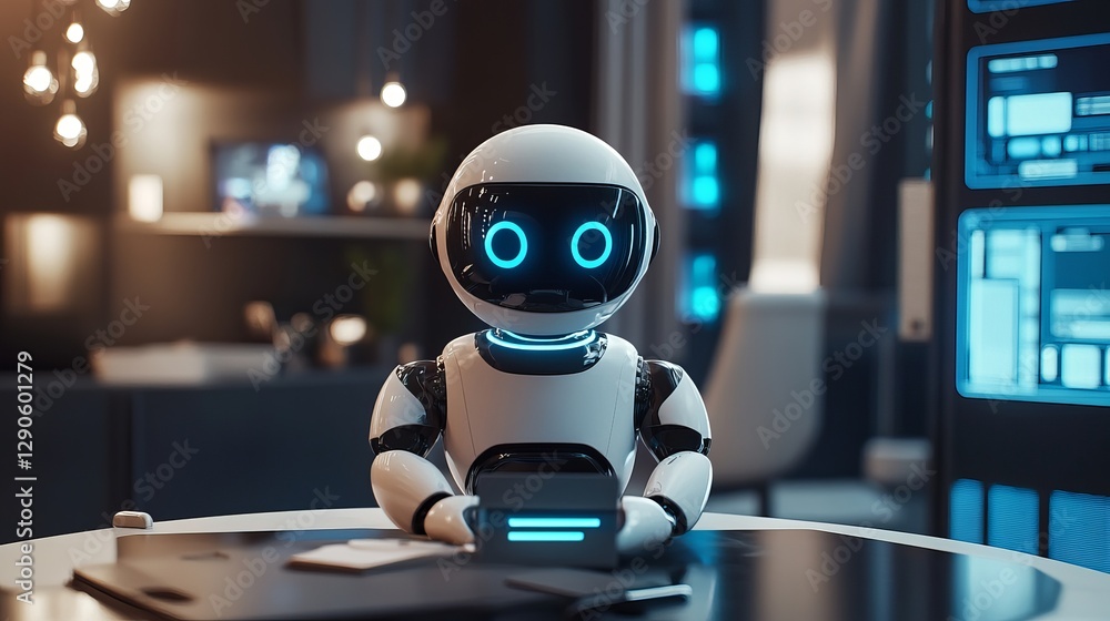 Modern White Robot Assistant Working at Desk Futuristic Office Technology AI Digital Innovation Smart Home Automation Artificial Intelligence Future Modern White Robot Assistant Working at Desk Futuristic Office Technology AI Digital Innovation Smart Home Automation Artificial Intelligence Future