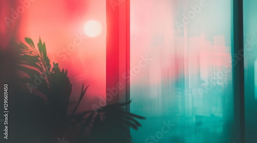 Gradient colors blend in a dreamy atmosphere with a green plant and window silhouette captured in a cinematic style photo