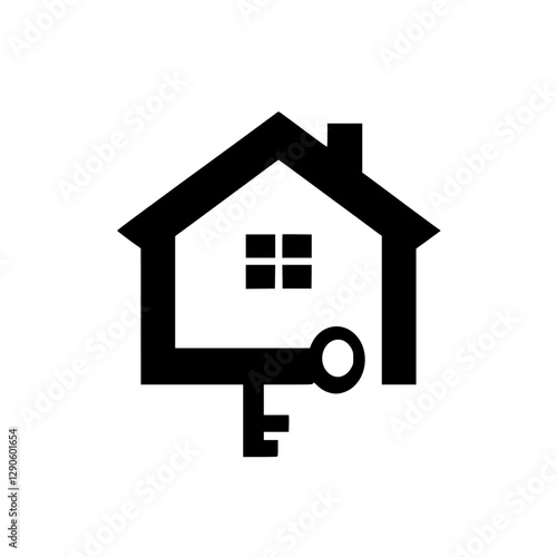 Minimalist house logo, black silhouette, integrated key design representing security, accessibility, real estate, and home ownership.
