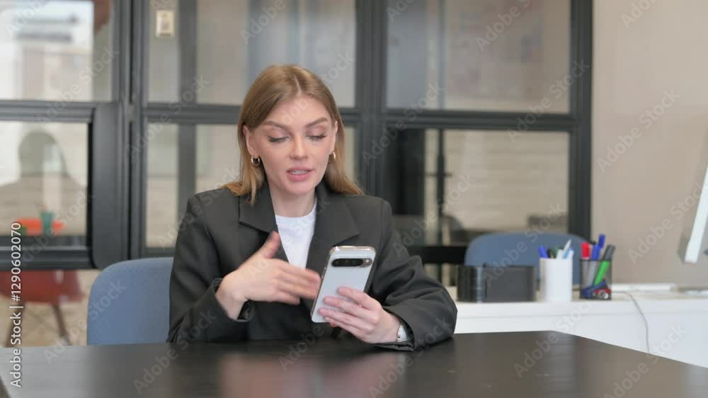 Young Businesswoman Doing Video Chat on Phone in Office Young Businesswoman Doing Video Chat on Phone in Office