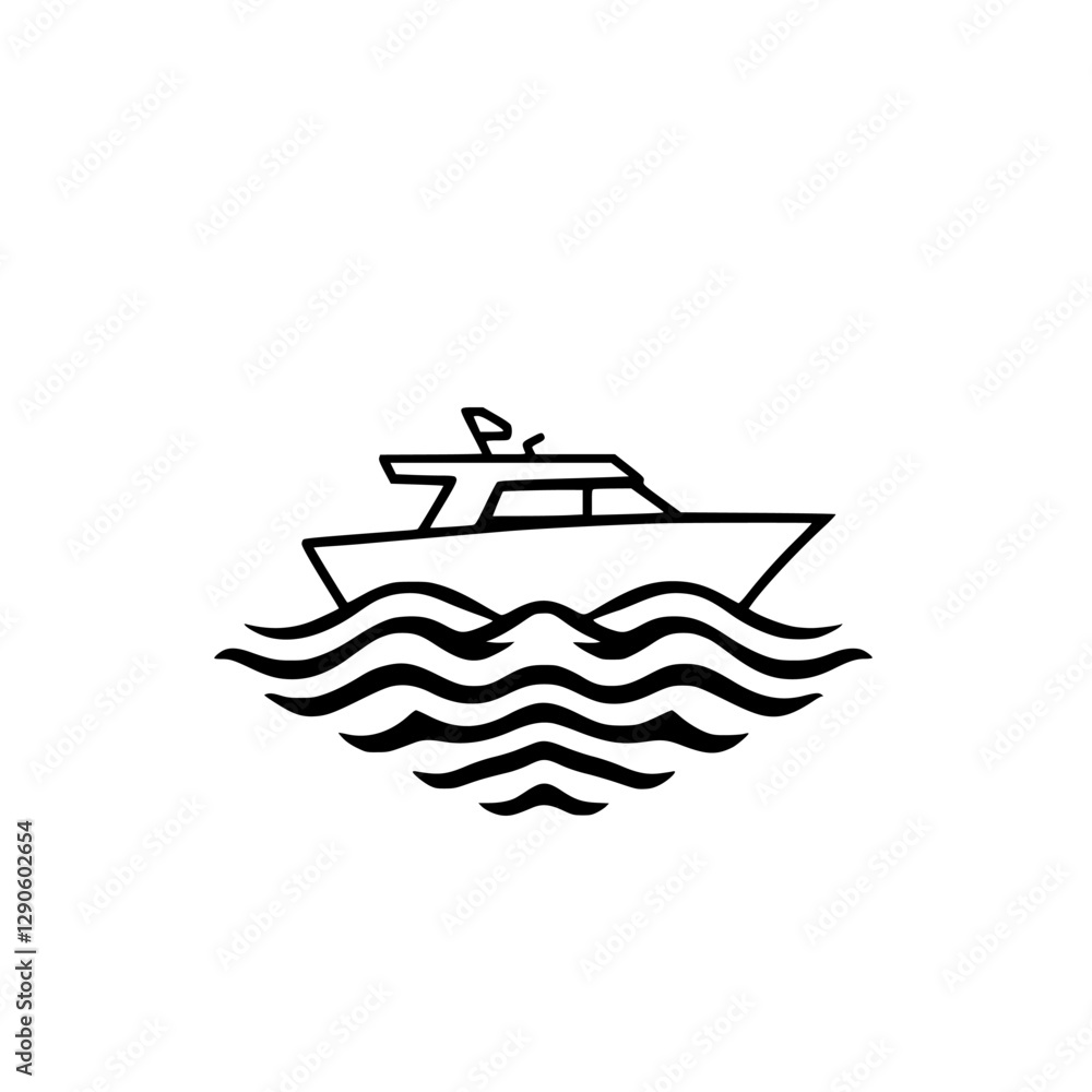 Minimalist vector illustration of a boat sailing on waves at daytime, on a bright white background. Minimalist vector illustration of a boat sailing on waves at daytime, on a bright white background.