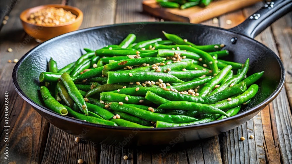 Fresh green beans saut?ed with sesame seeds in a wok , side dish, stir-fry, side dish, stir-fry, bean, sesame, brown, cooking Fresh green beans saut?ed with sesame seeds in a wok , side dish, stir-fry, side dish, stir-fry, bean, sesame, brown, cooking