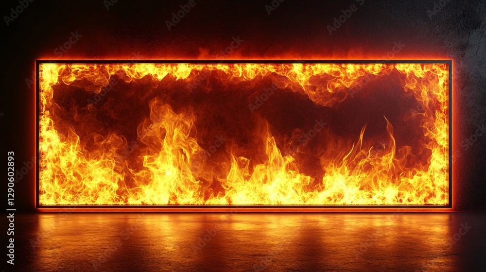 Fototapeta premium Burning flames surrounding a rectangular screen against a dark background