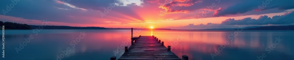 Mystical dawn, vibrant hues paint sky above still lake & weathered jetty , tranquil, landscape Mystical dawn, vibrant hues paint sky above still lake & weathered jetty , tranquil, landscape