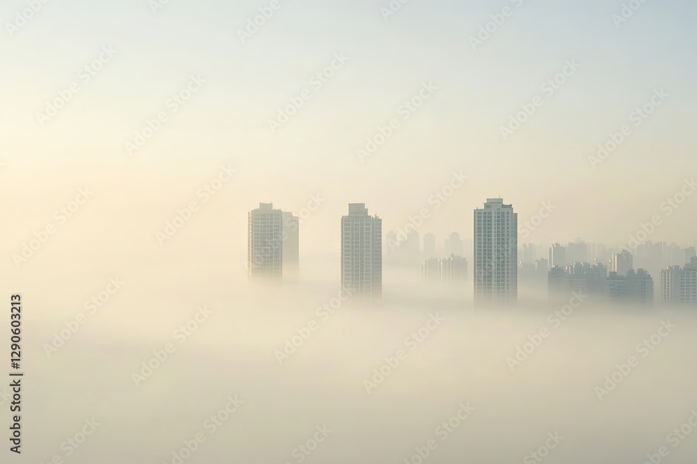 Naklejka premium Tall buildings emerge from dense fog, creating mysterious urban