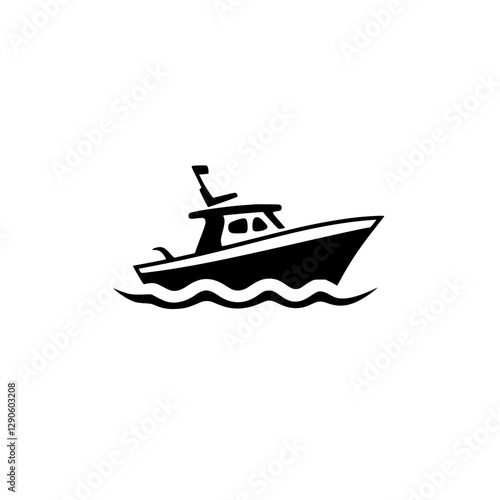 Black Vector Illustration: Minimalist depiction of a motorboat navigating on wavy water.