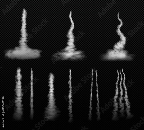 Rocket or jet aircraft smoke vertical trail vector set, realistic white fume airplane launch trace, gas fog steam flow