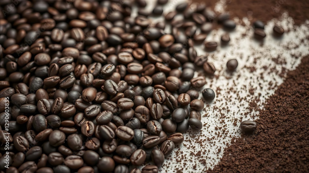 Rich coffee beans spread across a textured surface with freshly ground coffee adding depth and dimension, spread, industry, caffeine Rich coffee beans spread across a textured surface with freshly ground coffee adding depth and dimension, spread, industry, caffeine