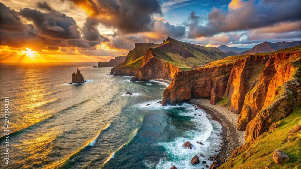 Fototapeta premium Golden sunsets over Ponta de Sao Lourenco's rugged coastline with dramatic sea cliffs and rolling waves , madeira island, sea cliffs