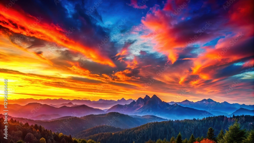 Fototapeta premium Vibrant Sunset over a Mountain Range at Dawn , colorful time background, beautiful, colorful time background