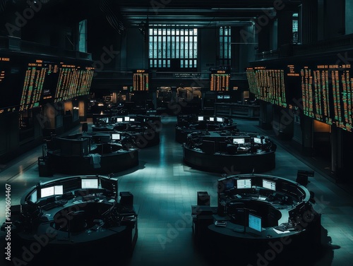 Darkened stock exchange floor with abandoned desks, economic stagnation representation, market slowdown, financial crisis, economic downturn photo