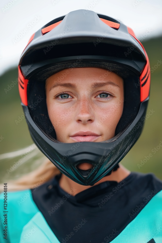 A woman wearing a helmet with a red stripe on it. She has blue eyes and a red stripe on her helmet A woman wearing a helmet with a red stripe on it. She has blue eyes and a red stripe on her helmet