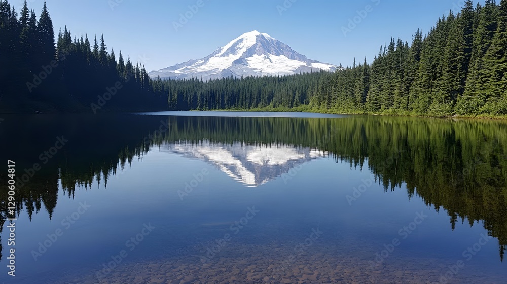 Serene lake reflecting mountains, tranquil water surrounded by lush forests, perfect for nature-themed projects and relaxation. Serene lake reflecting mountains, tranquil water surrounded by lush forests, perfect for nature-themed projects and relaxation.