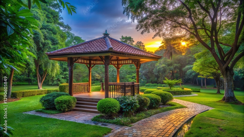 Serene Pavilion surrounded by lush greenery in a park at dusk , calm, pavilion, calm, pavilion, natural beauty Serene Pavilion surrounded by lush greenery in a park at dusk , calm, pavilion, calm, pavilion, natural beauty