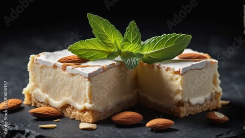 A close-up creamy dessert squares with a crumbly base, topped with a white layer, garnished with whole almonds and fresh mint leaves, set against a dark background, highlighting their texture