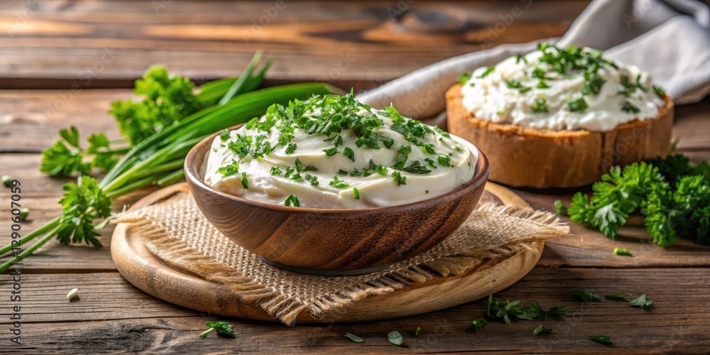 Soft cream cheese with fresh herbs like parsley and chives on a rustic wooden table, kitchen, ingredient, kitchen, ingredient Soft cream cheese with fresh herbs like parsley and chives on a rustic wooden table, kitchen, ingredient, kitchen, ingredient