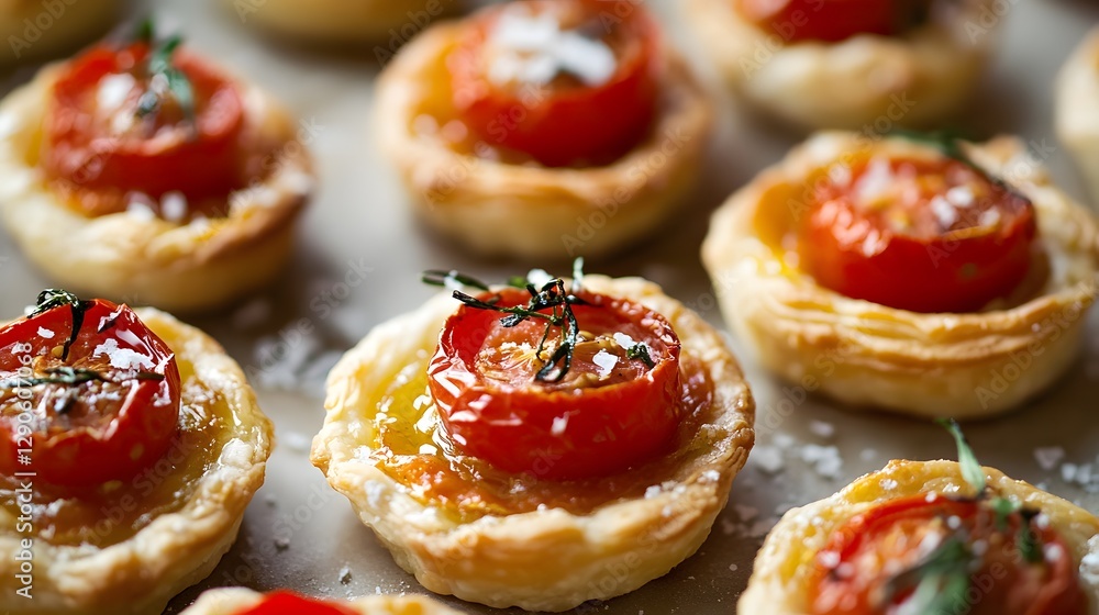 Mini tartlets with puff pastry, filled with roasted tomatoes and Manchego cheese, topped with a drizzle of olive oil and a sprinkle of sea salt Mini tartlets with puff pastry, filled with roasted tomatoes and Manchego cheese, topped with a drizzle of olive oil and a sprinkle of sea salt