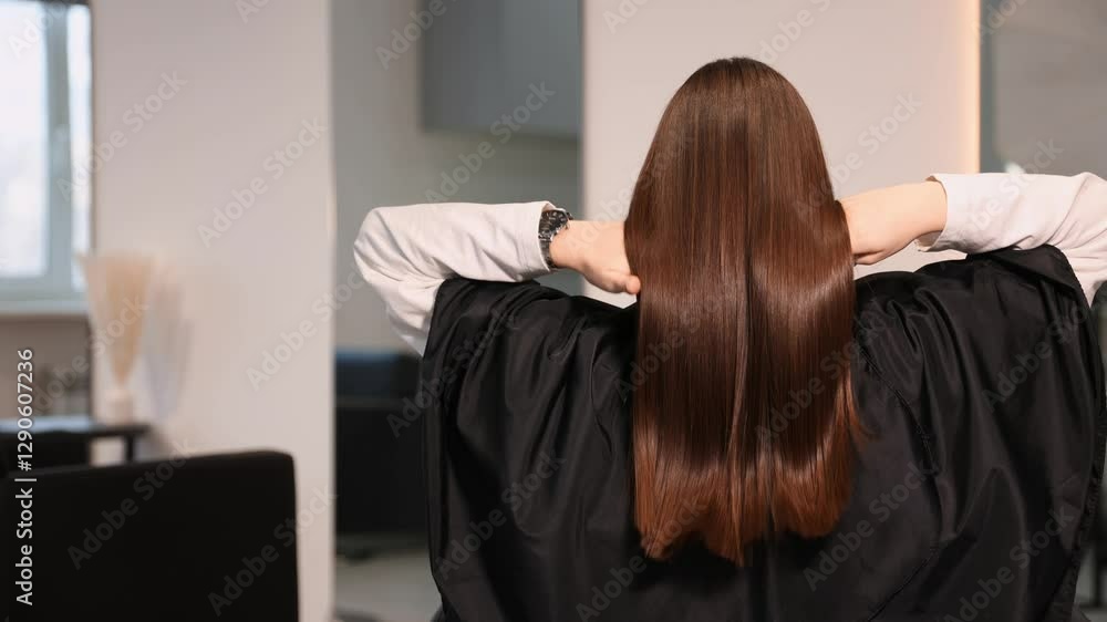Healthy hair care keratin. Woman after treatment haircare procedure.