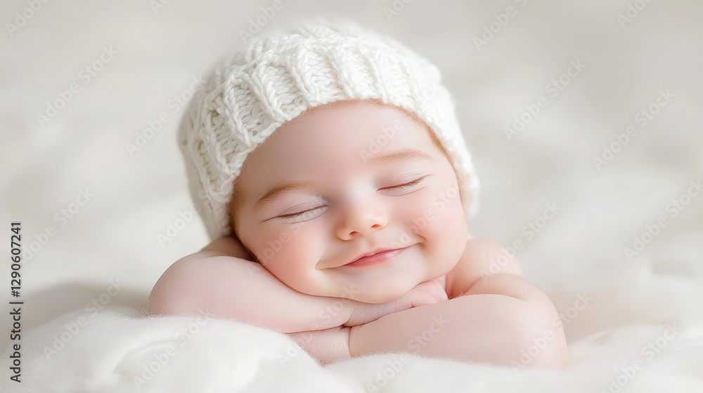 Smiling baby sleeping peacefully on soft blanket. Use Baby product ads Smiling baby sleeping peacefully on soft blanket. Use Baby product ads