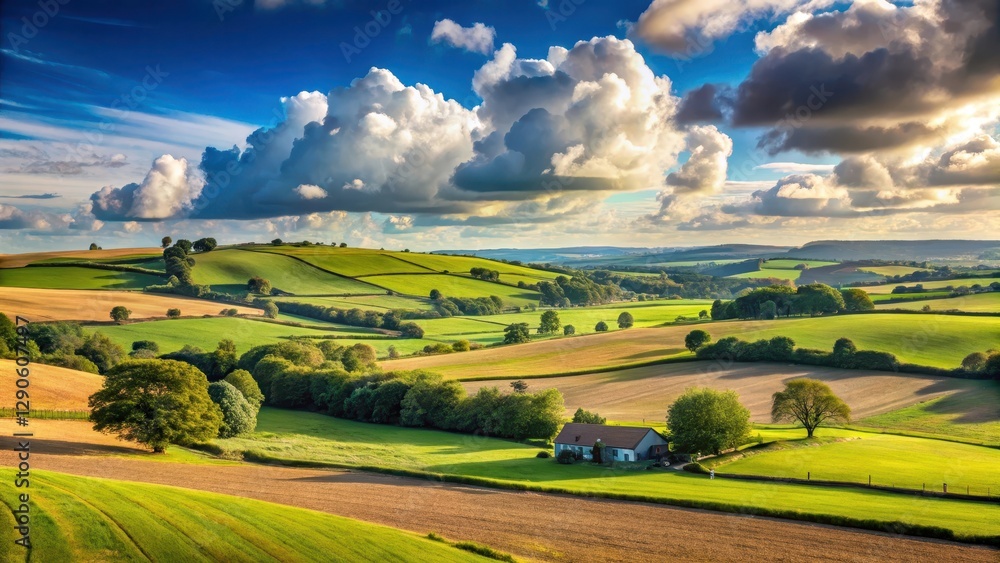 Naklejka premium Rolling countryside with farm fields under blue sky and white clouds