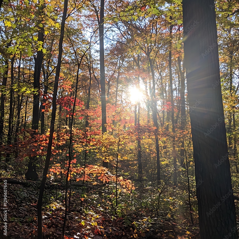 Fototapeta premium Sunlight highlights the warm colors of autumn forest canopy Image