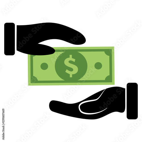 Pay for something symbol. Hand giving money to other hand. Hand holds dollar banknotes. Money investments. Salary, receiving money.