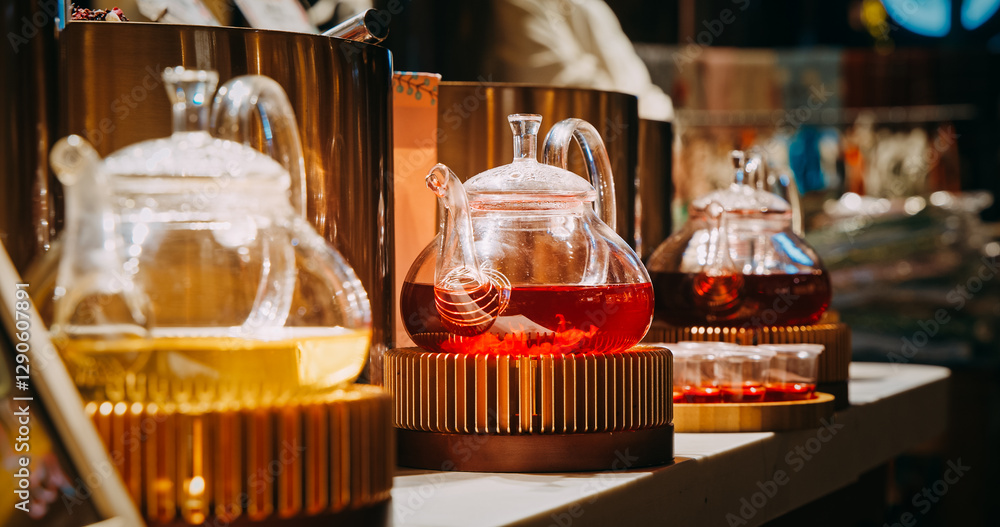 Chengdu, Sichuan, China. Kettle Tea. Sale Of Chinese Berry Flower Tea. Fruit Flower Tea. Asian Cuisine. Glass Teapot. brewed Tea for delicious and healthy beverage