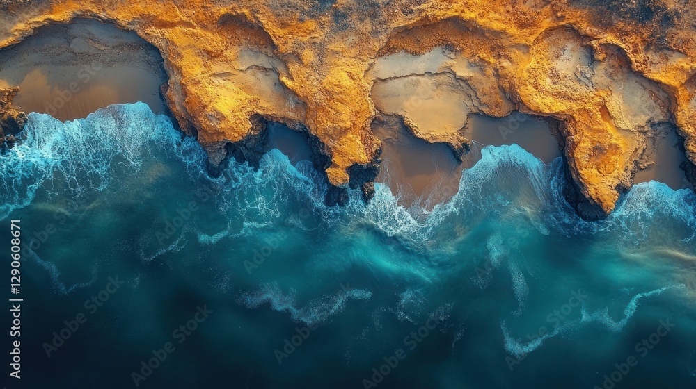 Obraz premium Aerial view of golden coast rocks and turquoise waves