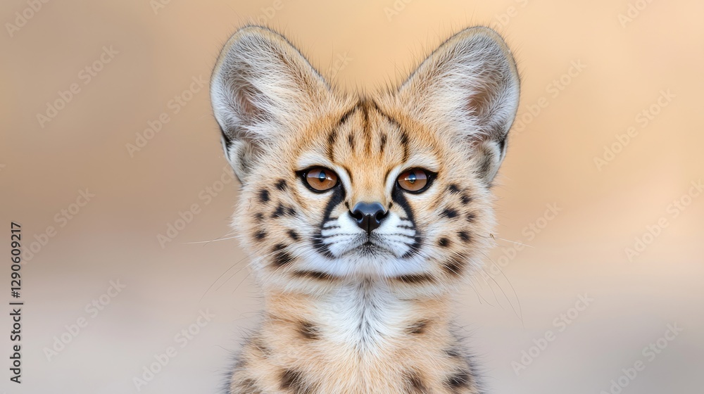 Obraz premium Serval kitten looking directly at the camera in a close-up portrait with a soft bokeh background.
