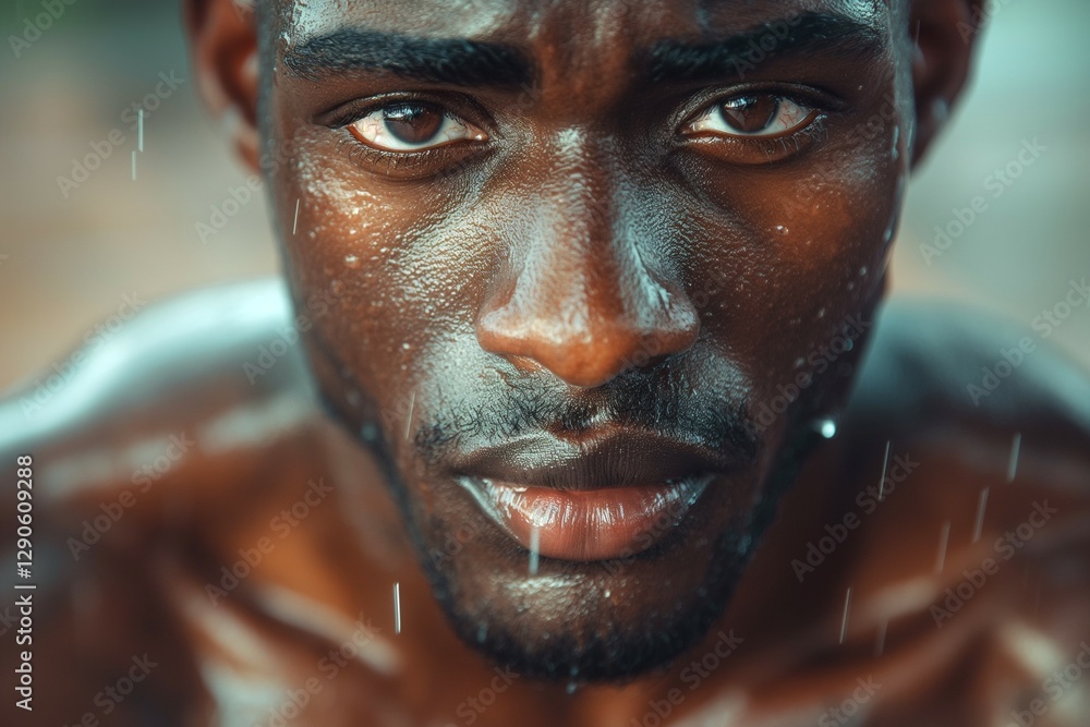 Close-up of a young Black man with intense eyes, droplets of water glistening on his skin, capturing raw emotion and strength. Close-up of a young Black man with intense eyes, droplets of water glistening on his skin, capturing raw emotion and strength.
