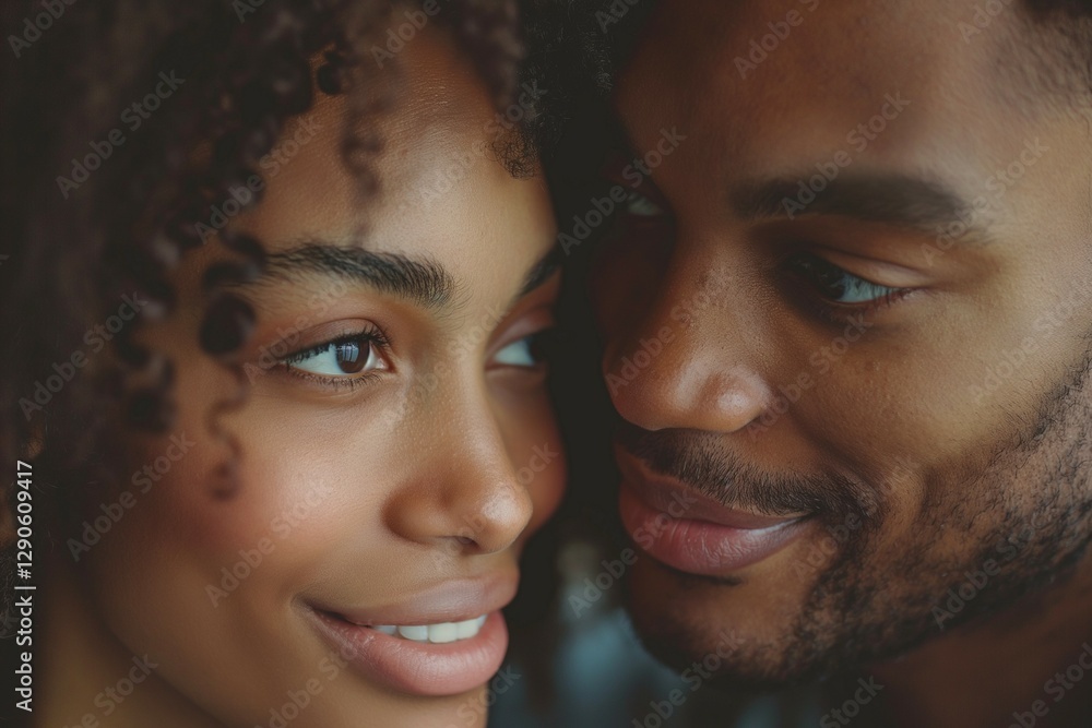 A close-up portrait of an enchanting couple, showcasing their intimate connection and joy with soft lighting and warm tones. A close-up portrait of an enchanting couple, showcasing their intimate connection and joy with soft lighting and warm tones.