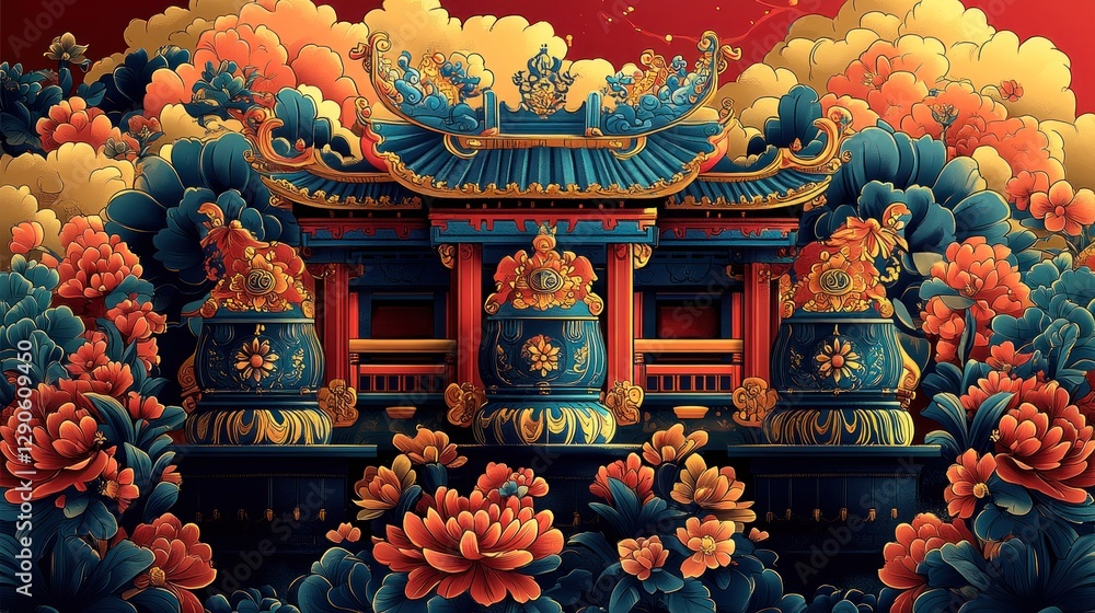 Obraz premium Ornate Asian Temple amidst Clouds and Flowers
