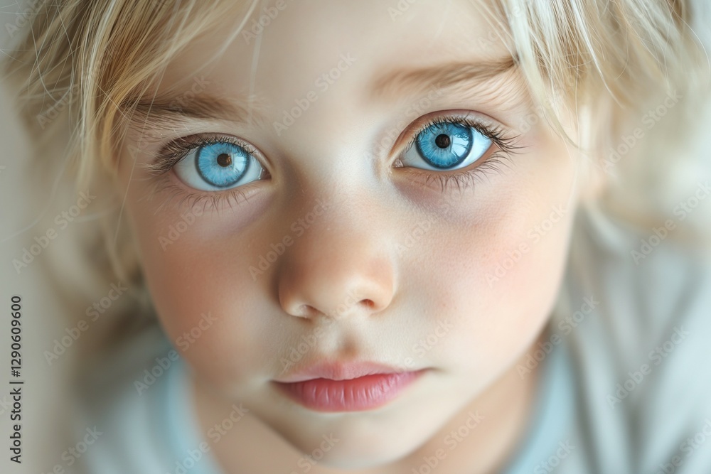 Close-up portrait of a young White girl with striking blue eyes and soft blonde hair, gazing thoughtfully. Close-up portrait of a young White girl with striking blue eyes and soft blonde hair, gazing thoughtfully.
