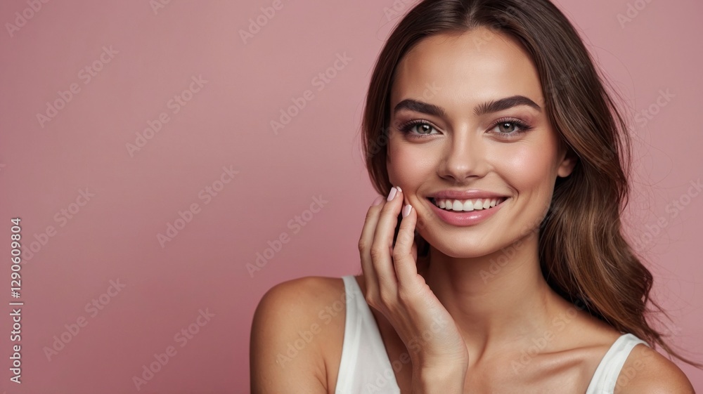 Radiant Woman Smiling Pink Background Beauty Portrait Radiant Woman Smiling Pink Background Beauty Portrait