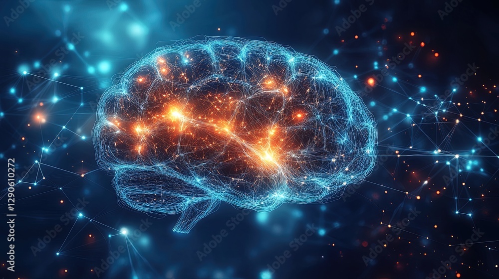 Abstract background with glowing brain patterns, neural networks, and energy flows Abstract background with glowing brain patterns, neural networks, and energy flows