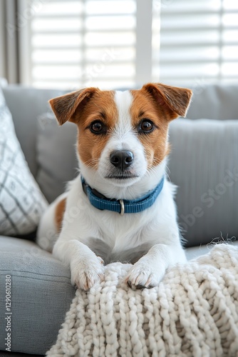 Jack Russell on couch, cozy, home, relaxing, pet photo