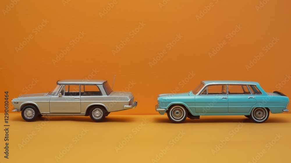 Fototapeta premium Two Vintage Toy Cars on a Orange Background