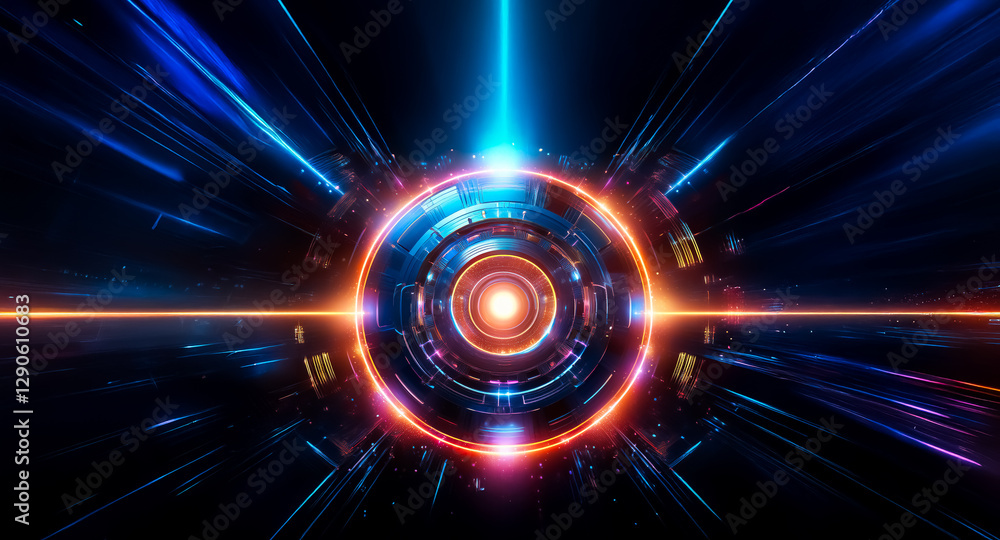 Obraz premium Vibrant, glowing circle with radial lines emitting from the center. Abstract futuristic design with bright blue and orange colors creates a dynamic and energetic scene.